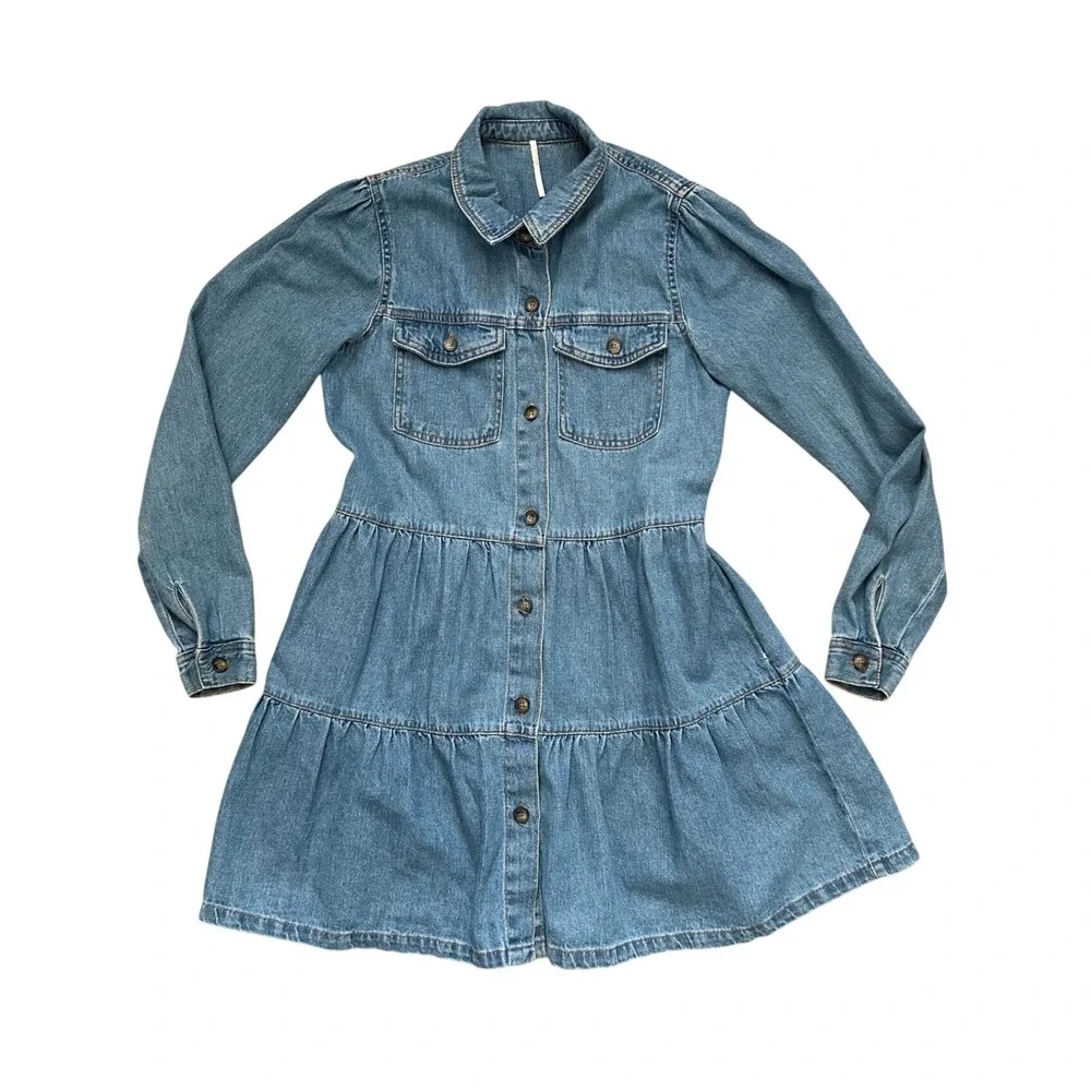 Free People nicole‎ Denim Tiered Babydoll Mini Dress chambray Blue S Boho preppy